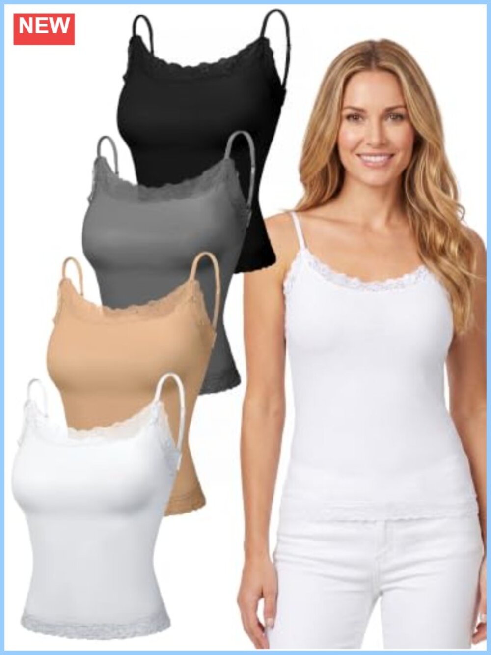 4 Pack Lace Cotton Camisole Slim Adjustable Spaghetti Strap Cami Top